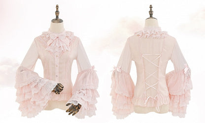 ピンクのロングレイヤードベルスリーブシフォンブラウス