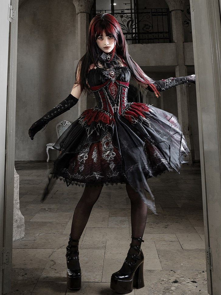 Black & Red Bone Dragon Embroidery Halter Neck Gothic Lolita Dress Set - Ying Luo Fu