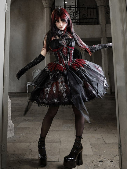 Black & Red Bone Dragon Embroidery Halter Neck Gothic Lolita Dress Set - Ying Luo Fu