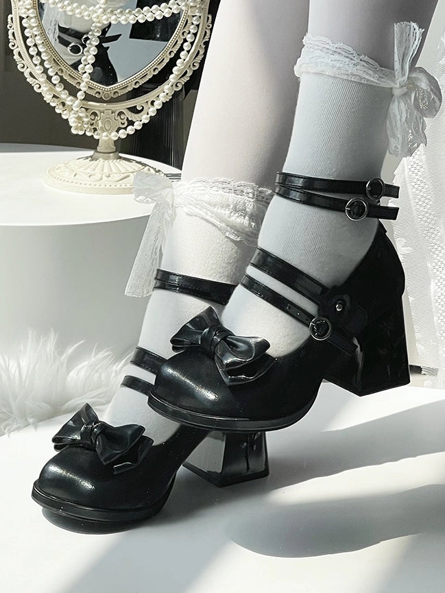 Top Rose with Lolita Accents Shoes Sparkling High-heel Black Elegant Bow