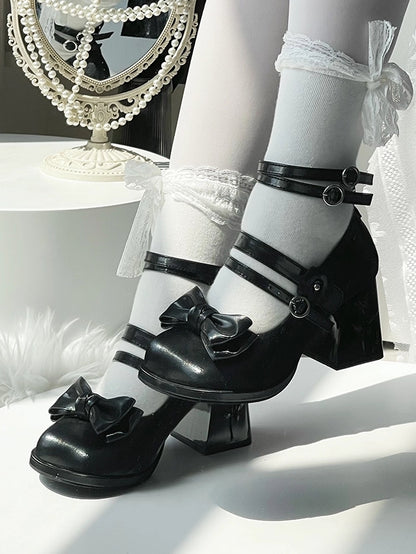 Top Rose with Lolita Accents Shoes Sparkling High-heel Black Elegant Bow