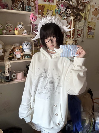 Dreamcore Pockets with White Punk Rabbit Print Studded Star Hoodie