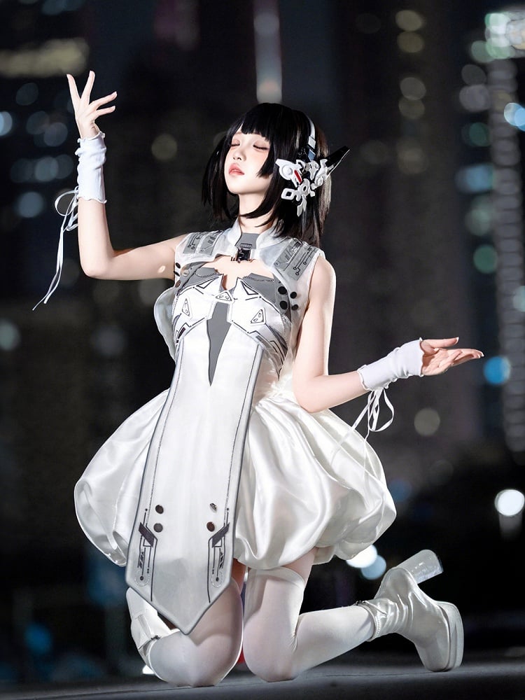 Cyberpunk White Bubble Dress and Cropped Vest Set - Xiong Dou Jiang