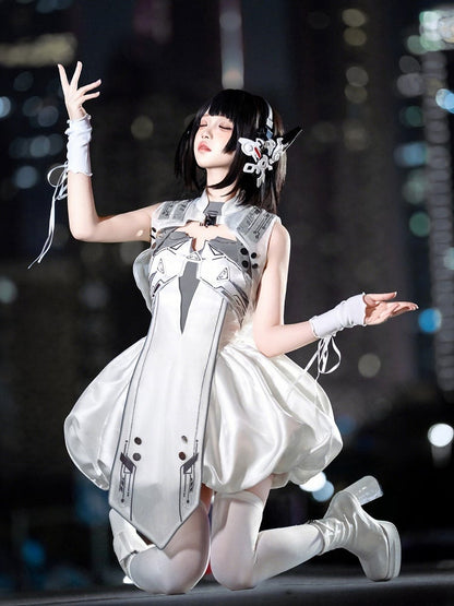 Cyberpunk White Bubble Dress and Cropped Vest Set - Xiong Dou Jiang