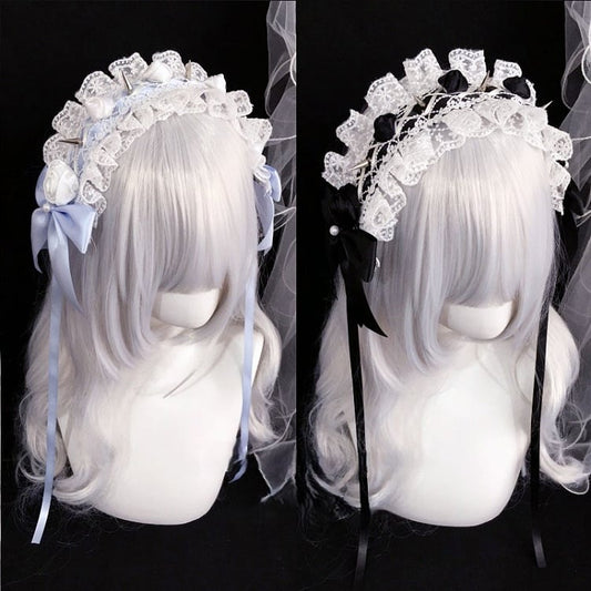 Lace Details with Bow Trim Hairband Studs Black/Lightblue Rose