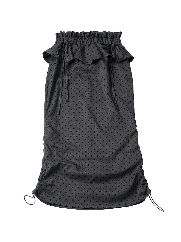 Dark Gray Polka Dot Long Skirt with Ruffle Details - PINK SAVIOR