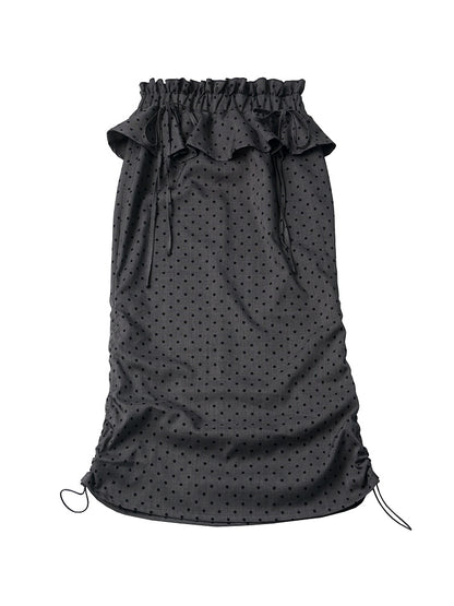 Dark Gray Polka Dot Long Skirt with Ruffle Details - PINK SAVIOR