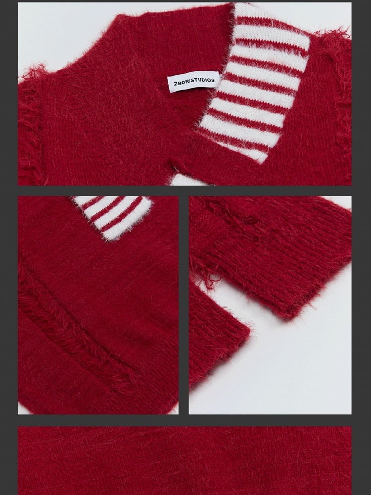 Christmas Red/White Asymmetrical Scarf Distress Trim V-neck Loose Sweater