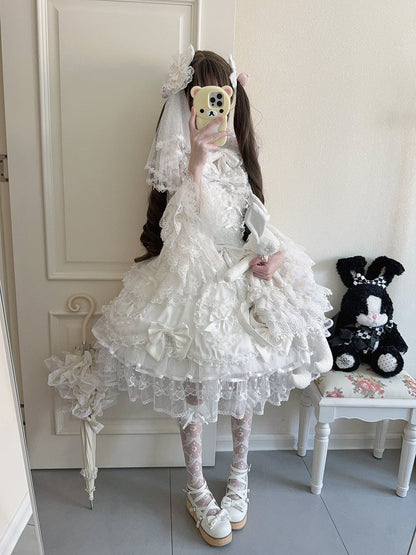 Doll-Style Dress JSK Princess Pure White Lace Lolita Details with Bow