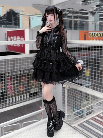Black Lace Tiered Ruffle Dress with Bow Accents - Puppet Bombs