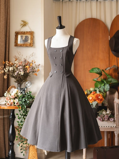 Lacing Dress Gray Waist Back and with Retro Cinched Midi Fashion Elegant Neckline Square