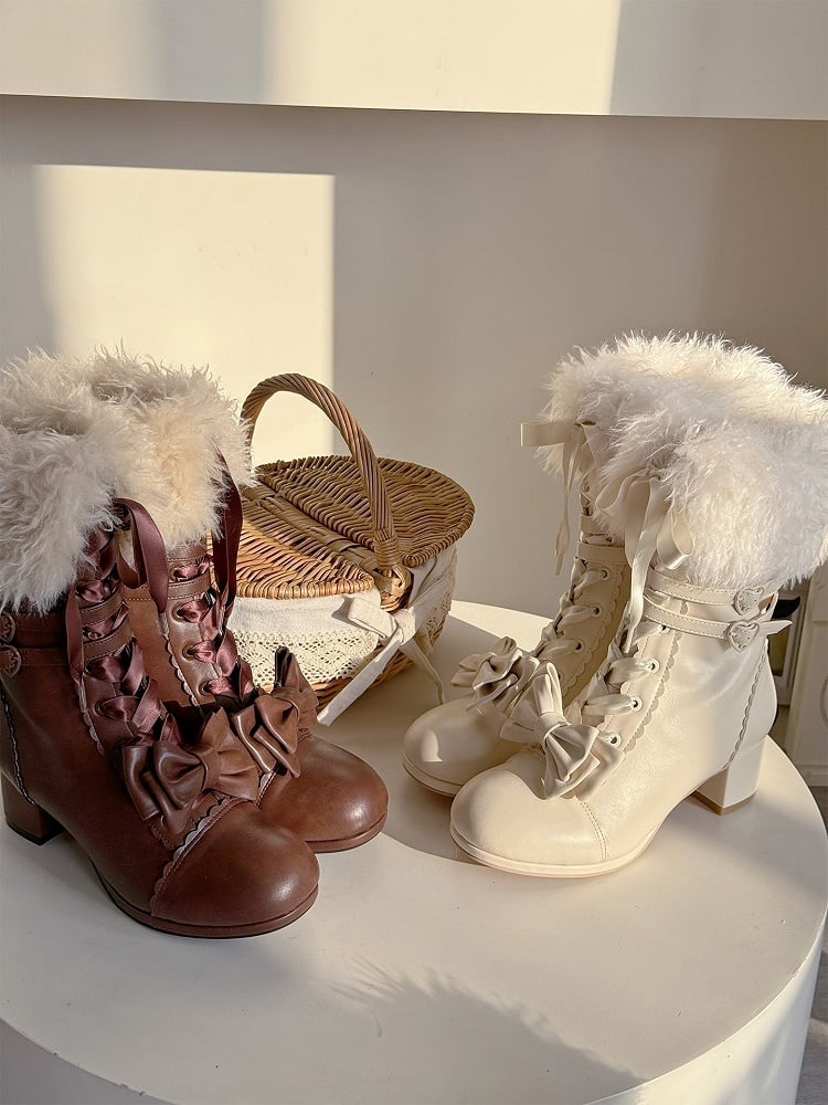 Bow Accents Boots - Mid-Calf Elegant Lolita Brown