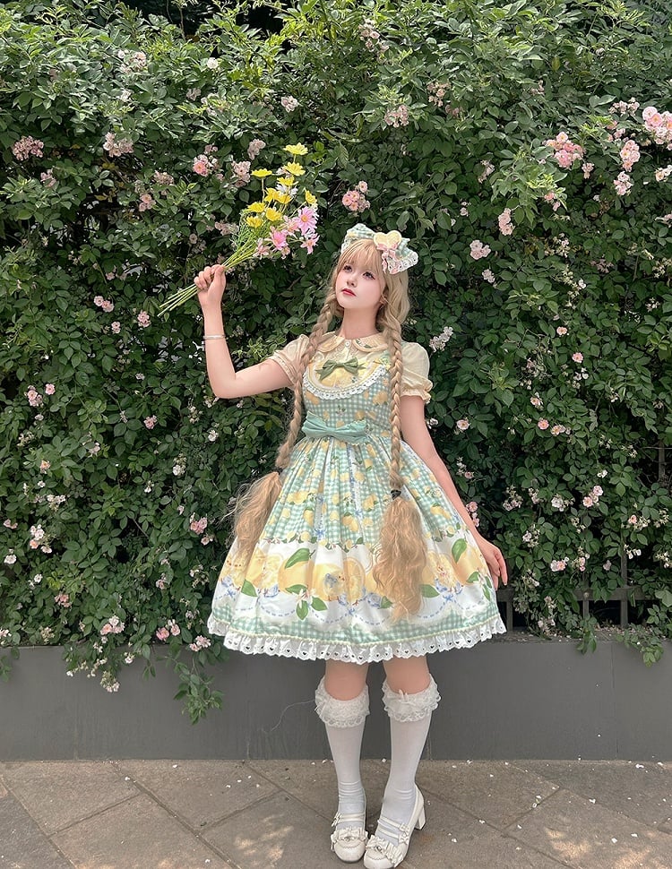 Chick Lolita Waist High Print Green Gingham and Lemon Dress Sweet