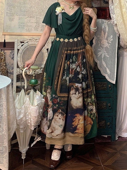 Dark Green Cat Oil Painting Print Butterfly Sleeves Elegant Lolita Maxi Dress with Cowl Neckline