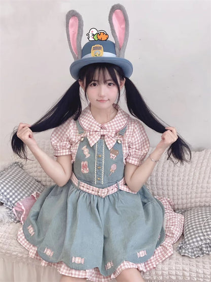 Rosa kariertes Hemd mit Peter-Pan-Kragen und kurzen Puffärmeln