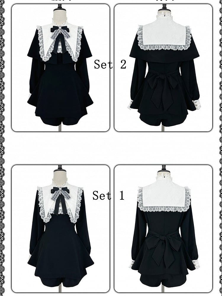 Set: Shorts Pointed Long Bow Black Gothic Tie Full White Landmine Faux Sleeve Detachable Collar Cape + Top Style