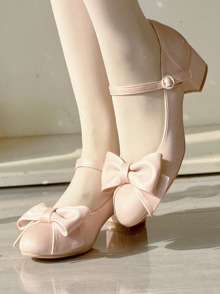 PU Silk Sakura Pink Elegant Lolita Mid-heel Mary Janes with Bow Accent & Circular Snap Closure