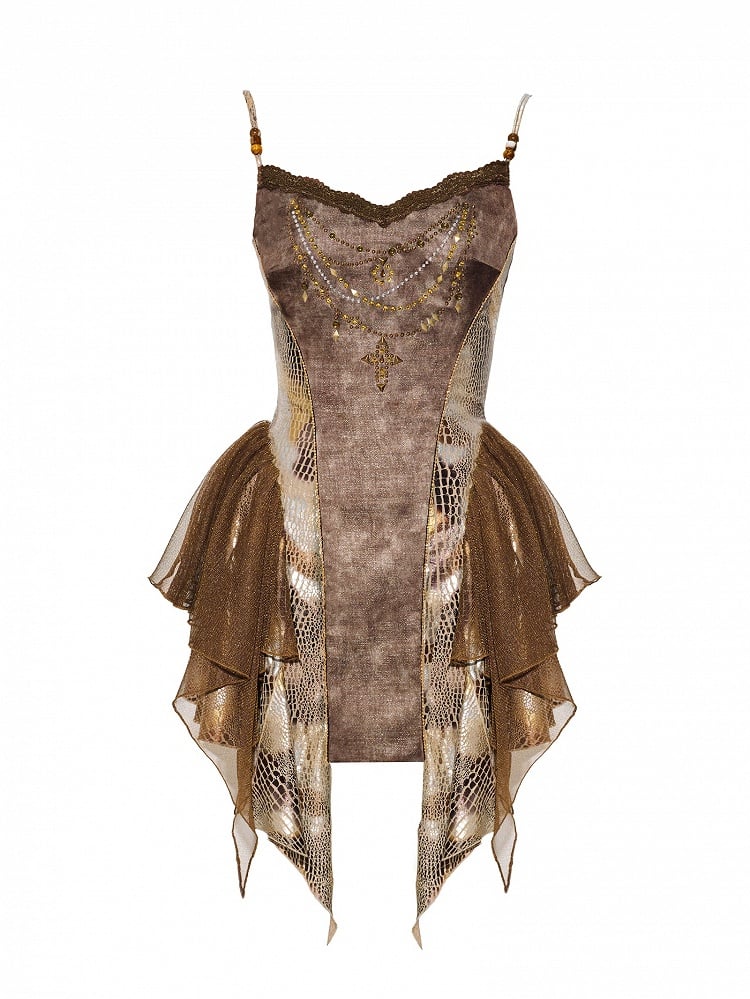 Asymmetrical Snakeskin Hem Pattern Punk Wasteland Brown Contrast Lace Patches Top Cami