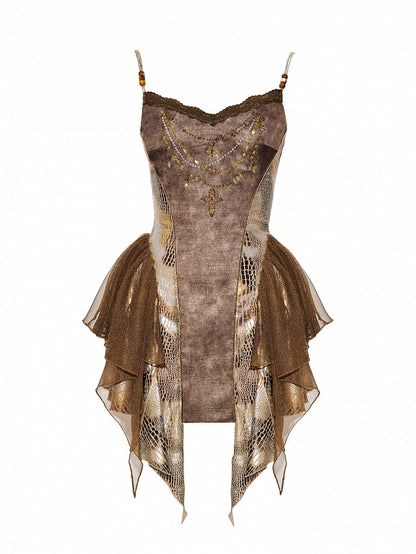 Brown Punk Snakeskin Lace Patch Cami Top - Virtual Orbit