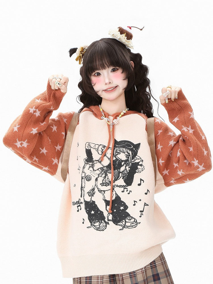 Orange Cartoon Kawaii - Pattern Pink/Green Sweater Girl and Star Drawstring Daily Hood