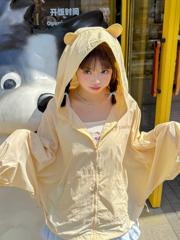 ジャケット 日焼け防止 ドローストリング イエロー マーモットの耳デザイン フード裾