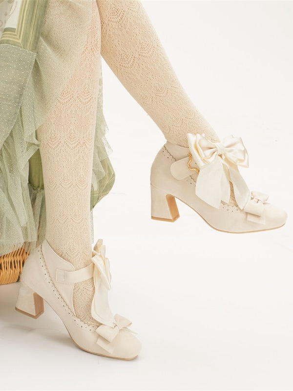 Embellishments Bow Shoes High Heel Delicate Block Classic Beige Lolita - Design
