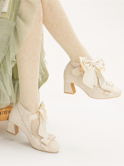 Embellishments Bow Shoes High Heel Delicate Block Classic Beige Lolita - Design