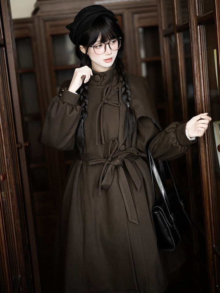 Quilted Coat Vibes Little with Dark Brown Cape Design Lining Academia Cotton Detective