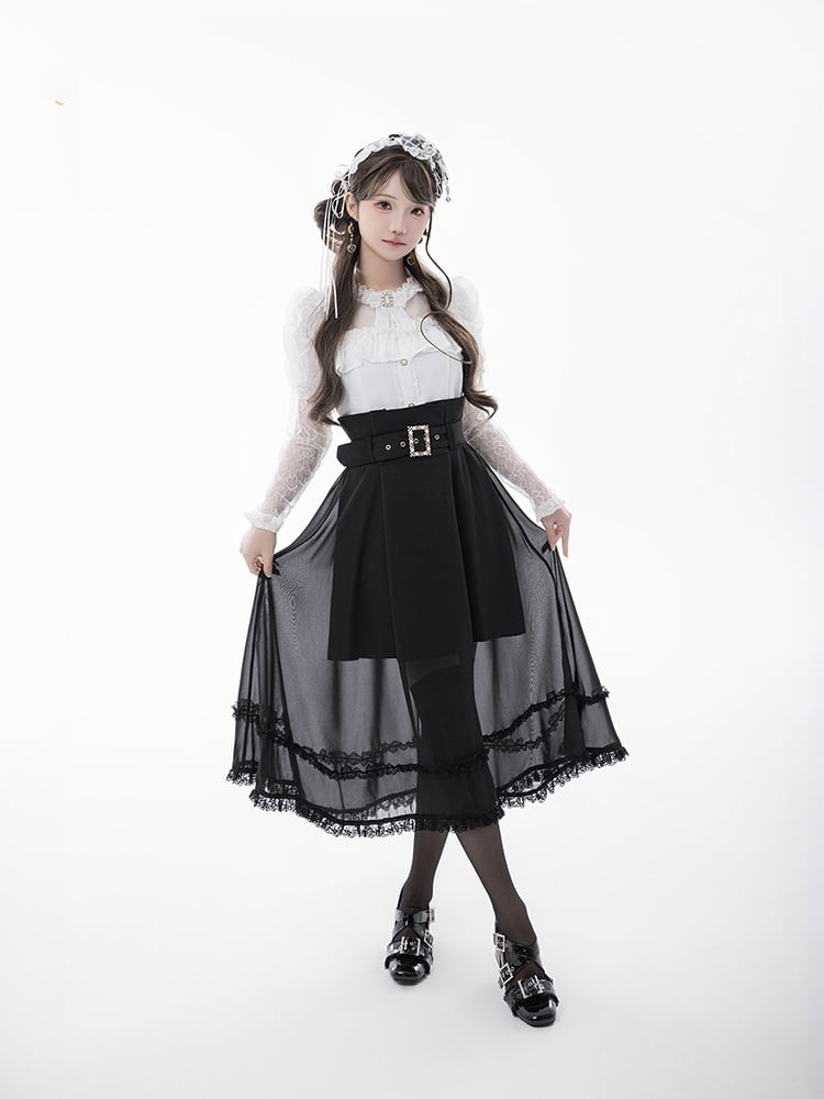 バックルベルト付きスカート ブラック ハイウエスト メッシュオーバーレイ