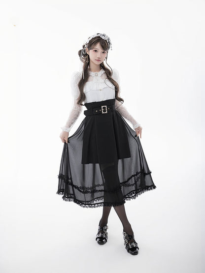 ブラウス+蝶ネクタイ ホワイト イリュージョンネックライン ジュリエットスリーブ ジライケイ レース