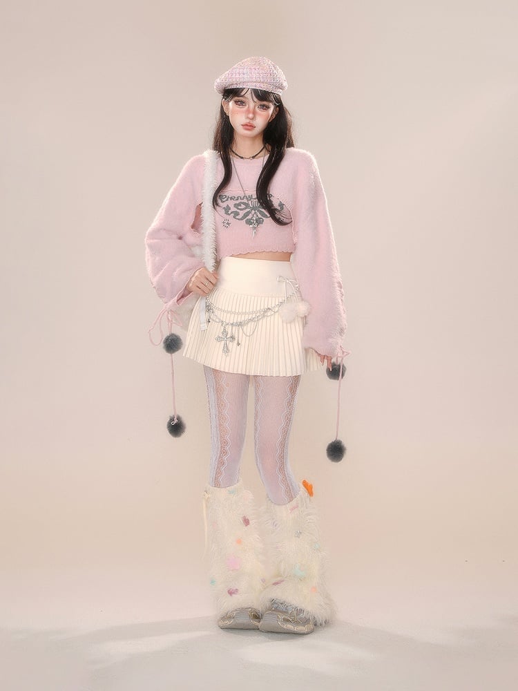 ピンクアプリコットの蝶結びクロップドトップス（シュラッグ付き）