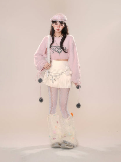 ピンクアプリコットの蝶結びクロップドトップス（シュラッグ付き）