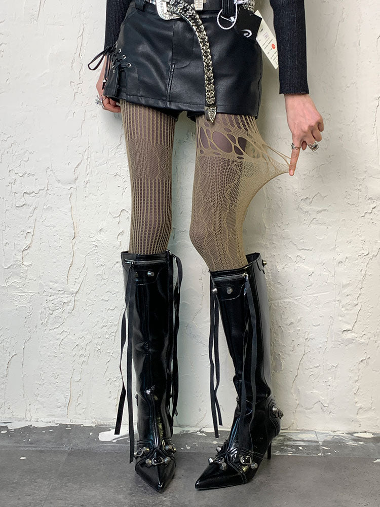 Wasteland Punk – Asymmetrische Strumpfhose mit Cut-outs in Hellkaffee