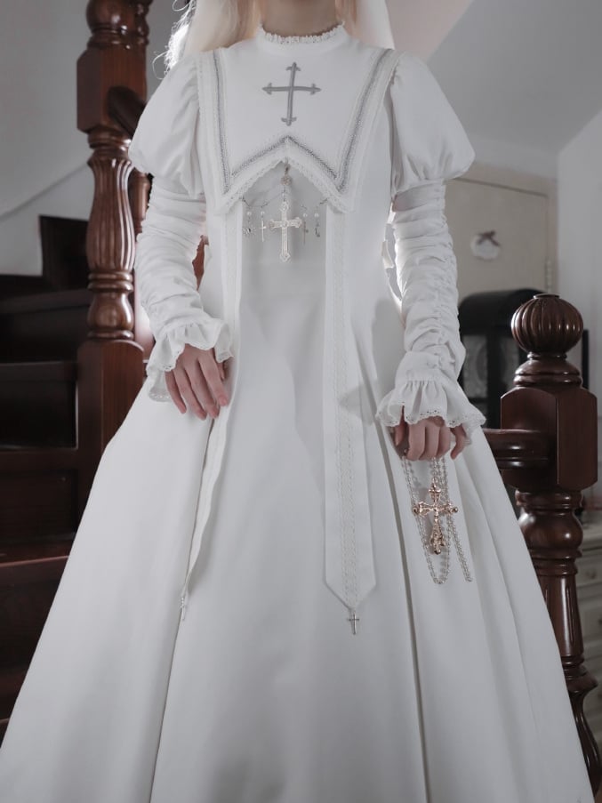 Halloween Cross Sleeves Juliette Embroidery White Leg-of-Mutton Dress / Outfits Nun Lolita