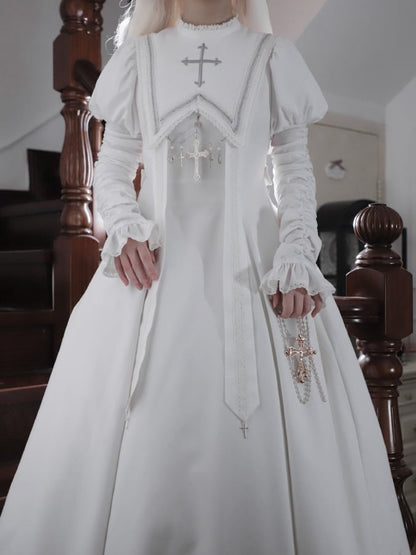 Halloween Cross Sleeves Juliette Embroidery White Leg-of-Mutton Dress / Outfits Nun Lolita