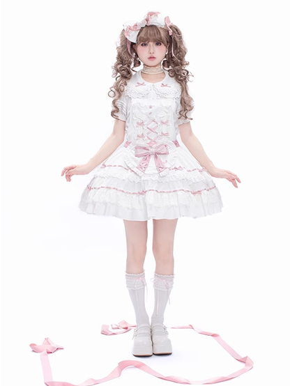 Rosa Schleife Akzente Weiß gestufte Spitze Trim Hime Sweet Lolita Kleid Rock Pullover
