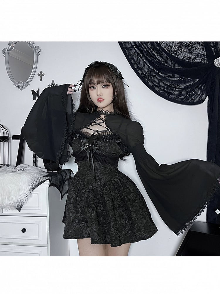 Shrug with Black Crisscross Gothic Sleeves Bell Lace-Up Halloween