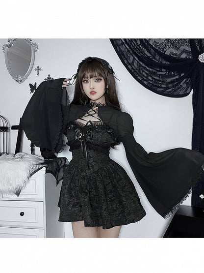 Shrug with Black Crisscross Gothic Sleeves Bell Lace-Up Halloween