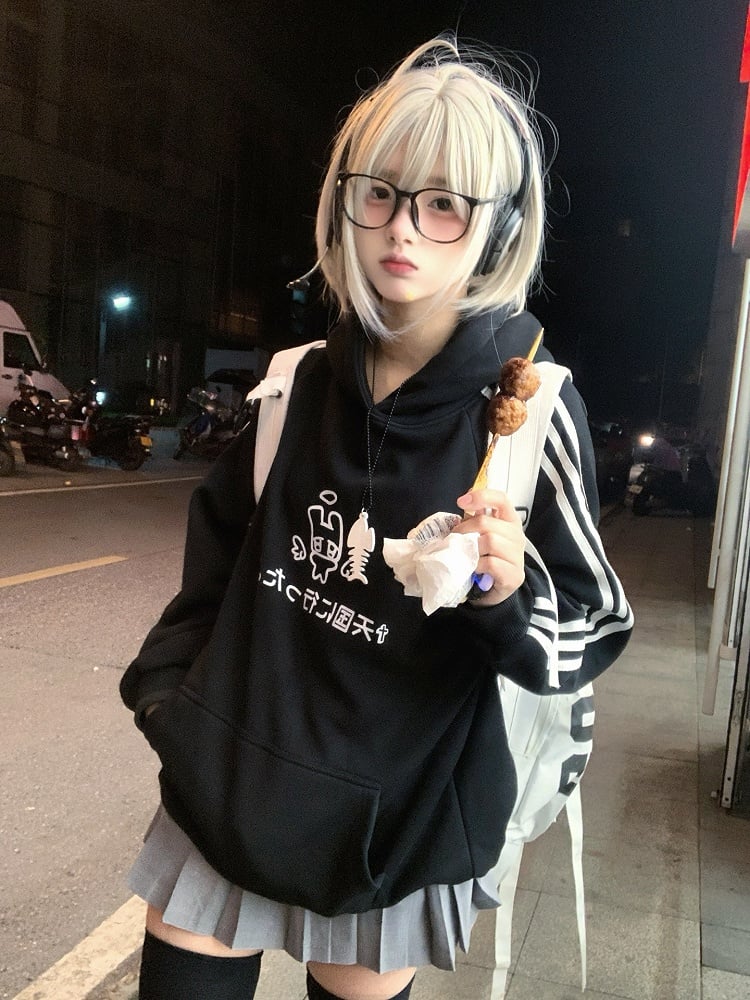 Black Bunny Print on with Angel Hoodie Sleeves Pattern Stripe