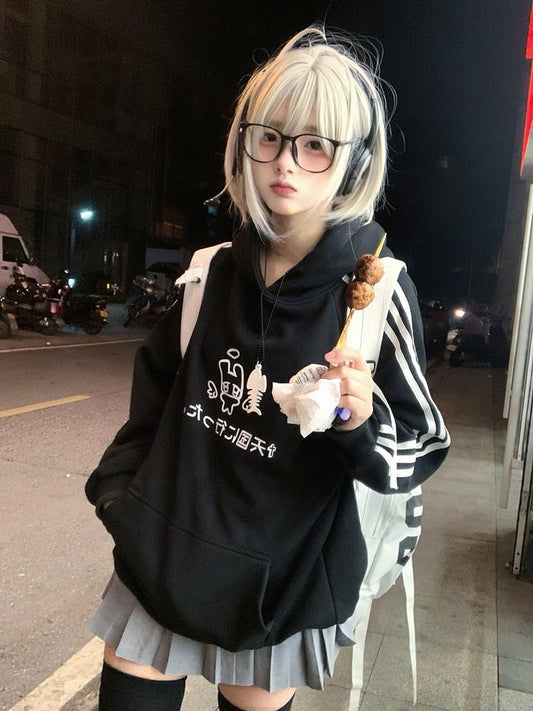 Black Bunny Print on with Angel Hoodie Sleeves Pattern Stripe