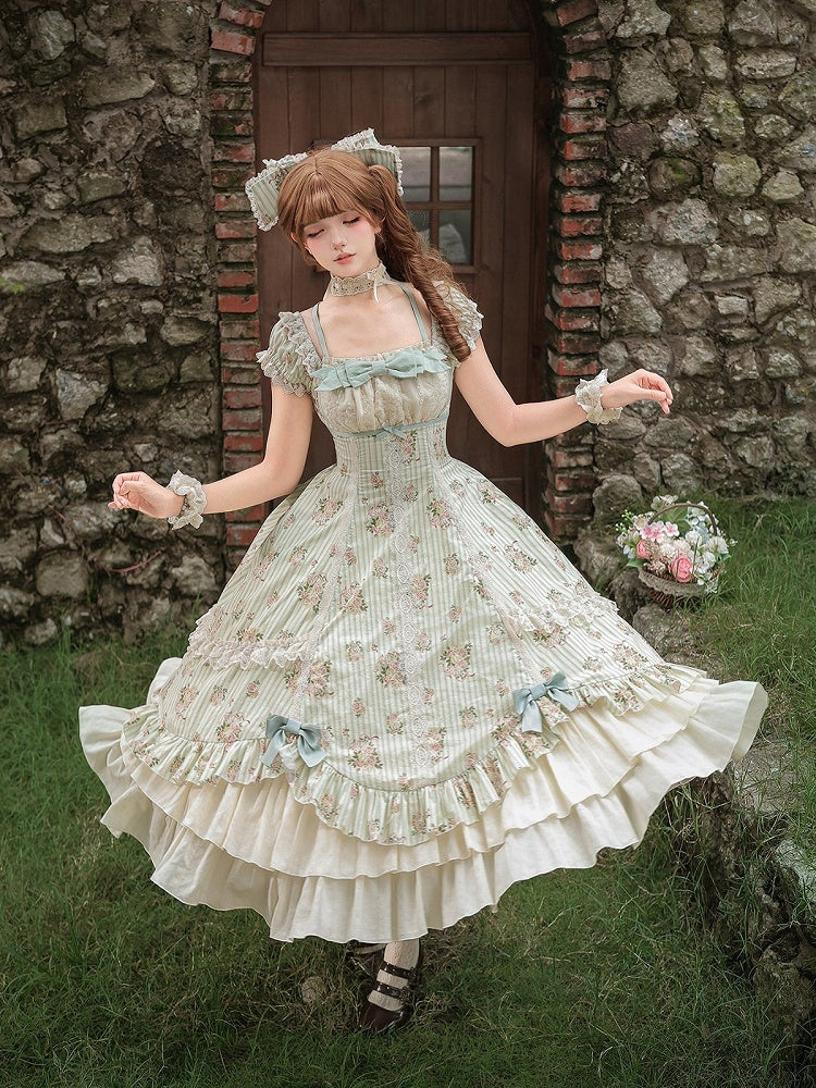 Green Striped Floral One-Piece Gown with Hair Bow & Choker - With PUJI