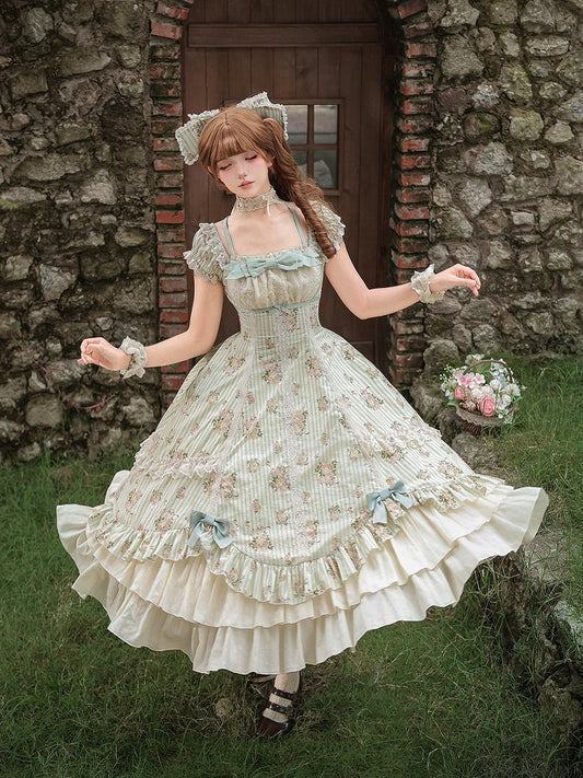 Green Striped Floral One-Piece Gown with Hair Bow & Choker - With PUJI