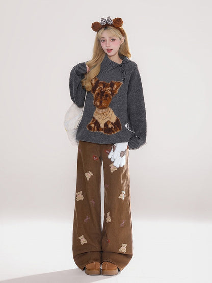 Millard Fashion Brown Wide-Leg Jeans with Playful Bear Embroidery & Lace-Trimmed Waistband