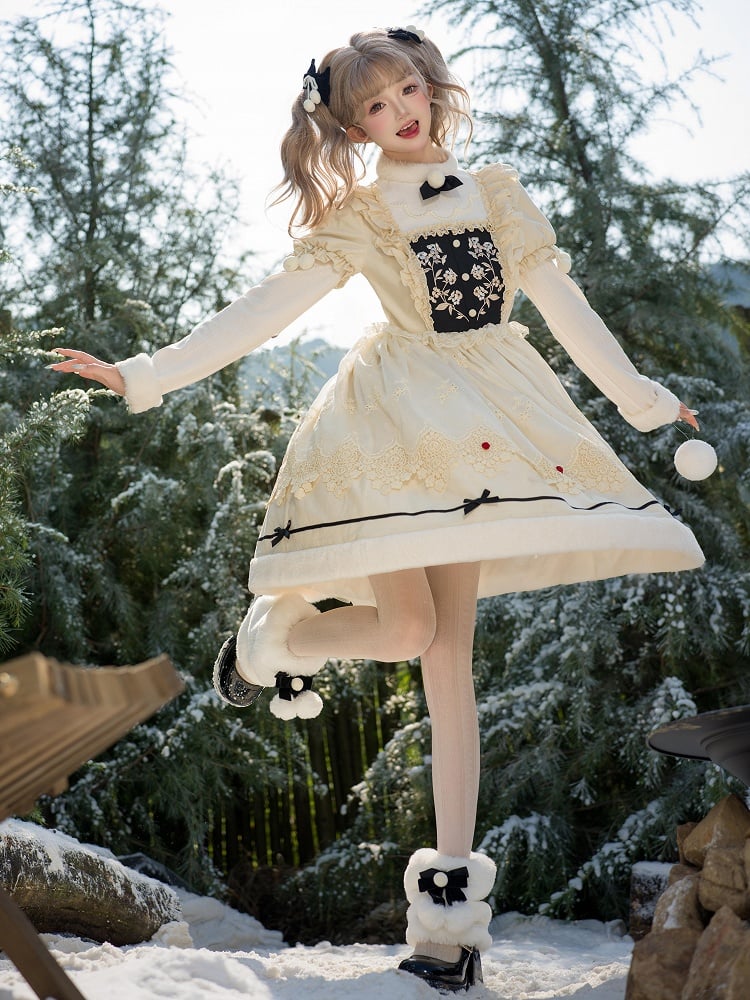 und Ausschnitt Beige Lange Ärmel Manschetten Lolita Floral Plüsch Kleid Mieder Stickerei