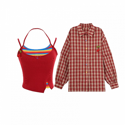チェックシャツセット レッドフェイクツーピースキャミソールトップ（レッド）