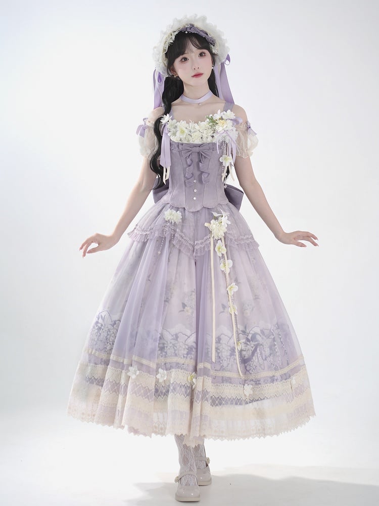 Klassischer Langer Rock Lolita Dekoration + Jasmine Top Print Set Lila Korsett Floral
