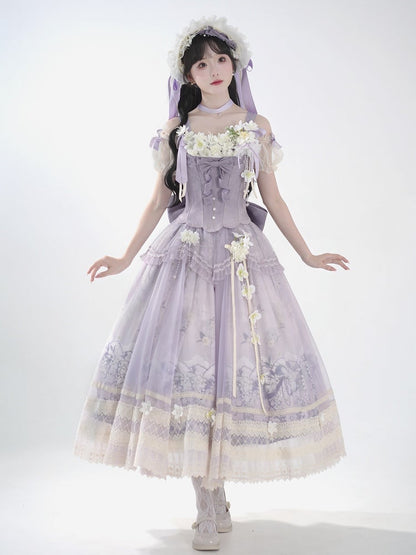 Klassischer Langer Rock Lolita Dekoration + Jasmine Top Print Set Lila Korsett Floral