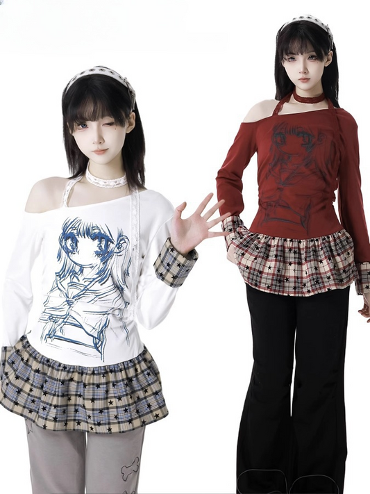 Asymmetrical Neckline Anime Girl Print Plaid Patchwork White/Red Design Top