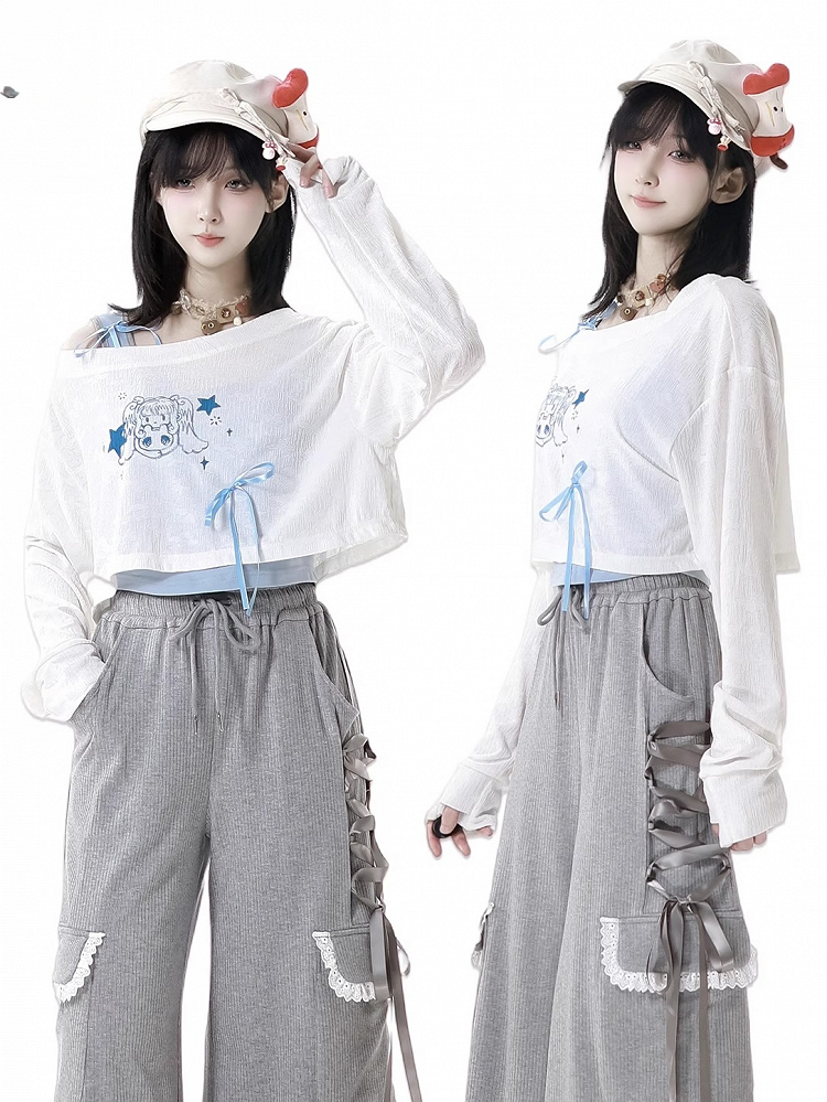 キュートな女の子のプリント柄カバーアップ ホワイト アシンメトリーネックライン