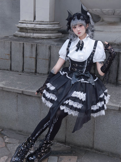 Tiered Devil Overalls Wing Skirt Black Buckle Straps Gothic Lolita Dress Accent